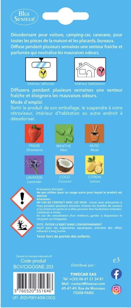 Blister Blue Senteur, face arrière avec notice en 10 langues